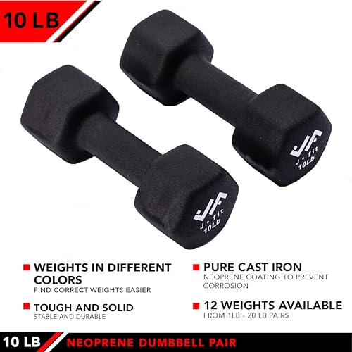 JFIT Dumbbell Pairs or Sets – Neoprene & Vinyl Coated Hand Weights for Home Gym, Strength Training, Aerobics, Cardio Exercise and Fitness - size: 10 lbs (Pair), style: Dumbbell Pair