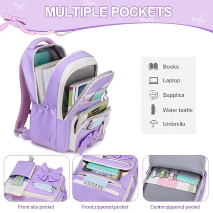 DIGOBAY Backpack for Girls, 3PCS Girls Backpack for School with Lunch Bag Pencil Case, Cute Kids Teens Bookbag for Kindergarten Elementary Preschool Middle School (Purple) - color: Beige-purple