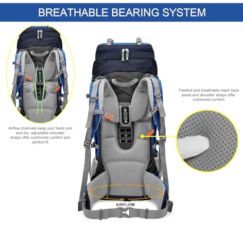 MOUNTAINTOP 80L Internal Frame Backpack for Man & Women Backpacking Hiking Backpack with Rain Cover - color: Blue-80l