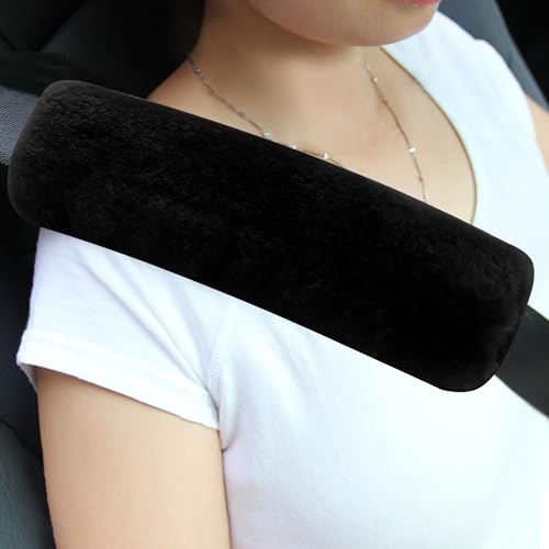 Amooca Authentic Sheepskin Seatbelt Cover Real Wool Car Truck SUV Airplane Seat Belt Shoulder Pad for Carmera Backpack Straps Neck Cushion Protector 2 Pack Black - color: Black Sheepskin, size: 10.5in 2pack