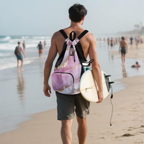 Drawstring Beach Backpack Gym Sackpack With Pockets String Backpack Bag Waterproof Marble Pink Silver - color: Color 16
