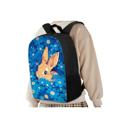Cute Rabbit Backpack for Girls Blue Hippie Flowers School Backpack with Lunch Bag Pencil Case and Water Bottle Holder Kids Daypack Novelty School Bags for Elementary Middle School - color: Cute Rabbit Blue Hippie Flowers