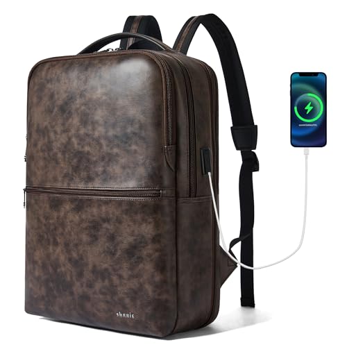 Shrrie Vegan Leather Laptop Backpack for Women&Men,16 Inch Expandable Backpack with USB Charging Port,Two-toned Coffee - color: Two-toned Coffee