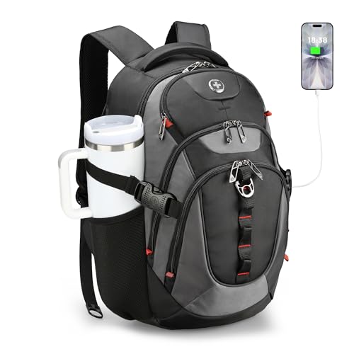 Swissdigital Design Laptop Backpack with USB Charging Port, Travel Backpack Fits 15.6 inches Computer, 31L College School Backpack for Men, Black/Grey | SD803-02 - color: Black/Grey