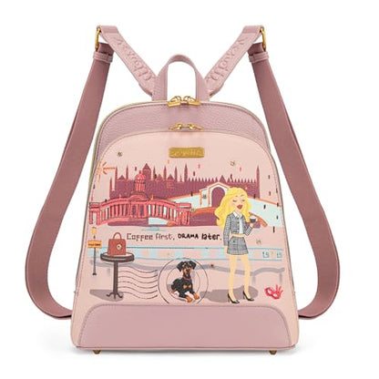 Venetti Cityscape Illustration Mini Backpack for Women and Girls, Cute Small Backpack Purse with Multi-Pocket and Zipper, Light Print Shoulder Bag Leather for Travel Daily Use VN-HB-001-PK - color: Pink