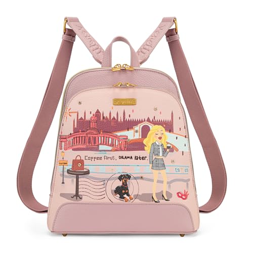 Venetti Cityscape Illustration Mini Backpack for Women and Girls, Cute Small Backpack Purse with Multi-Pocket and Zipper, Light Print Shoulder Bag Leather for Travel Daily Use VN-HB-001-PK - color: Pink