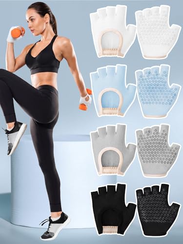 Fourluoo 4 Pairs Pilates Gloves with Grips for Women Non Slip Cotton Fingerless Silicone Yoga Gloves for Gym Exercise Workout Weight Training Mitten Fits Women Men - color: White, Black, Light Blue, Gray