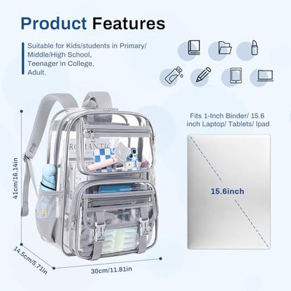 Sisipoet Clear Backpack for School, PVC Clear Bookbag Heavy Duty Transparent Backpack for Stadium Events See Through Bag - color: Grey