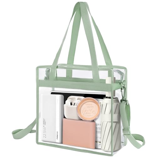 BAGAIL Clear Bags 12x6x12 Stadium Approved Clear Tote Bag with Zipper Closure Crossbody Shoulder Bag with Adjustable Strap - color: Matcha Green