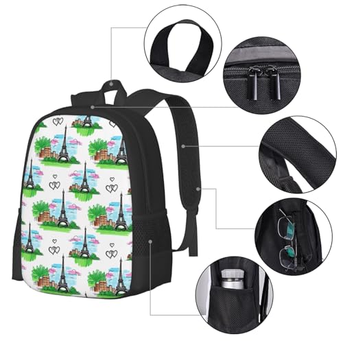 Lightweight Polyester Daypack Eiffel Tower Paris, Anti Theft Large Capacity Travel Hiking Backpack Unisex Carry On Bag for Outdoor Commute Business Use - color: Design (901)