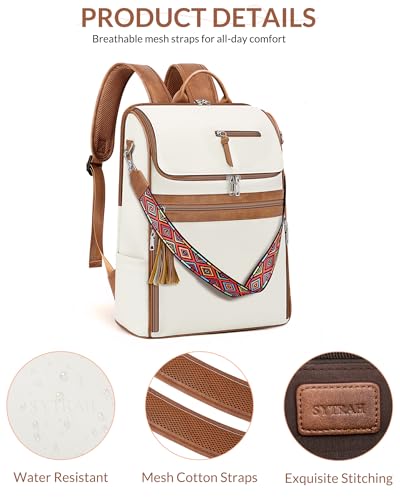 SYTRAH Leather Laptop Backpack for Women Designer Laptop Bag, 16.5 inch Travel Computer Backpacks Purse with Tassel for Work Business with Satchel Purse Beige Brown - color: Beige Brown