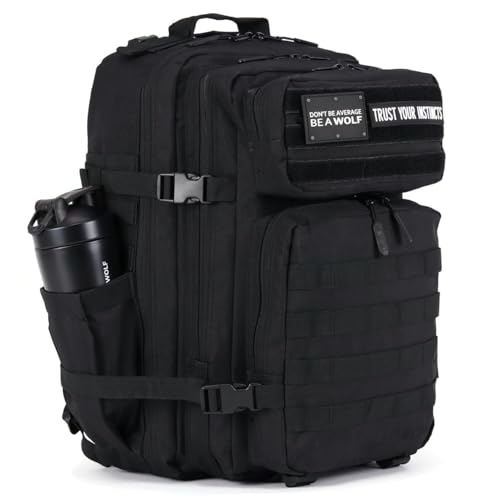 WOLFpak 45L Tactical Gym Backpack (Alpha Black) Durable 1000D Waterproof Oxford Material with MOLLE Webbing, Laptop Pocket & Dual Cup Holders, Durable Fitness/Travel/Military Daypack - color: Alpha Black