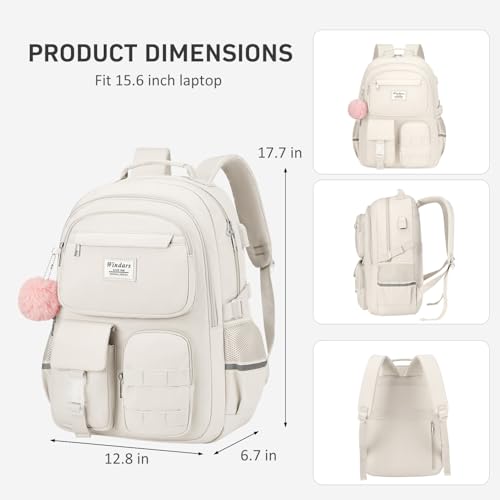 WINDARS School Backpack for Teen Girls, Cute Laptop Backpack for Women Students, Middle High School Bags Aesthetic Bookbag for College Travel Fit 15.6 Inch Laptop (Beige)