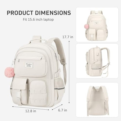 WINDARS School Backpack for Teen Girls, Cute Laptop Backpack for Women Students, Middle High School Bags Aesthetic Bookbag for College Travel Fit 15.6 Inch Laptop (Beige)