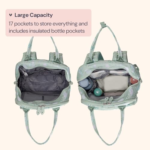 BabbleRoo Diaper Bag Backpack - Baby Essentials Travel Tote - Multi Function Water Resistant Diaper Bag, Travel Essentials Baby Bag with Changing Pad, Stroller Straps & Pacifier Case - Green Birdy - color: Green Birdy, size: Large