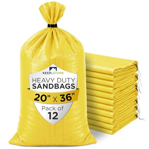 Heavy Duty Sand Bags Pack of 12, Bright Yellow Empty Sandbags with Built-In Ties, Woven Polypropylene UV Protection 1600 Hours, Fillable Bags for Flood Control, Weight, 20x36 inches, 100 Pounds Volume - size: 20"W x 36"L, style: Pack of 12