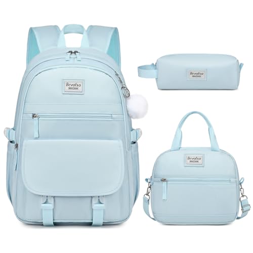Bevalsa Backpack for Girls, 3PCS School Backpacks with Lunch Box - color: Blue, size: 15.6 inch