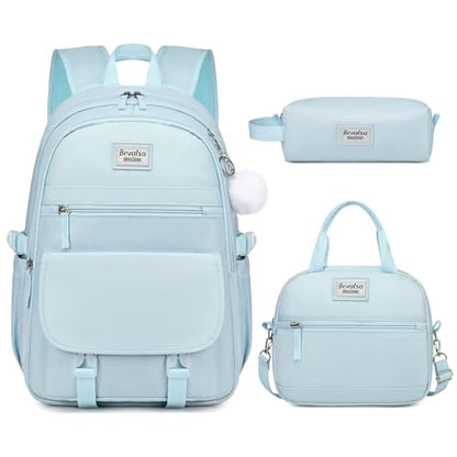 Bevalsa Backpack for Girls, 3PCS School Backpacks with Lunch Box - color: Blue, size: 15.6 inch