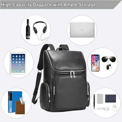 Genuine Leather Black Backpack - 15.6 Inch Business Laptop Backpack for Men & Women, Multi-Compartment Ergonomic Shoulder Bag for Office, Travel - color: Y60&71 Black