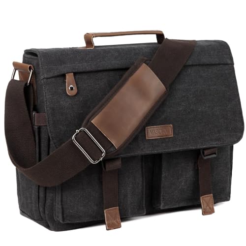 Messenger Bag for Men,VASCHY Vintage Water Resistant Canvas Satchel 14 15.6 17inch Laptop Briefcase - color: 14inch-gray