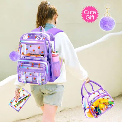 KLFVB Clear Bookbag Heavy Duty, 3PCS Girls See Through School Bag Set, Cute Transparent Backpack for Women - Strawberry Purple - color: Strawberry Purple Clear Backpack
