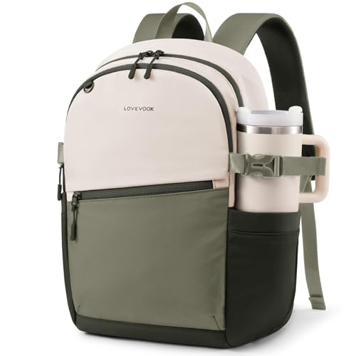LOVEVOOK Everyday Backpack for Women, Chic Versatile Backpack with Water Bottle Pocket, Lightweight Waterproof Casual Daypack for City Work Commute, College, Travel & Gifts, Beige-Olive Green - color: Beige-olive Green-dark Green, size: Large-17.3inch
