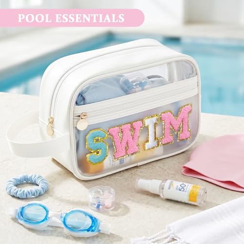 COSHAYSOO Clear SWIM Bag Waterproof Valentines Grab Bag Gifts for Women Teen Girls Swimmer Team Coach, Swimming Pool Accessories Organizer Transparent Makeup Toiletry Bag Beach Travel Cosmetic Pouch - color: White-SWIM