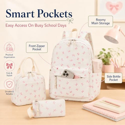 Bluboon School Backpack Set Girls Womens Laptop Bookbag Casual Daypack Fits 15 inch Laptop with Lunch Tote Bag and Pencil Bag - color: Pink Bow Polka Dot Beige