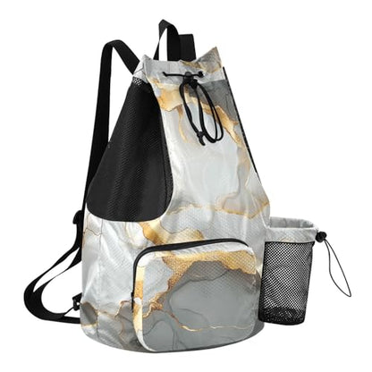 Drawstring Backpack Summer Camp Bag With Pockets Pull String Bag Dry Wet Separation Marble White Grey - color: Color 11