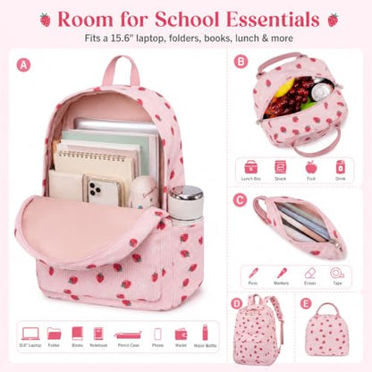 BTOOP School Backpacks for Teen Girls Bookbags Lightweight Kids Backpack School Bags Set with Lunch Box Pencil Case - color: Pink Strawberry