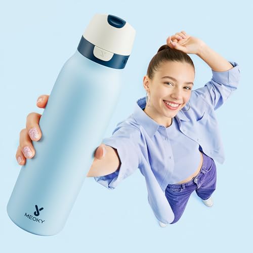 Meoky 24 oz Travel Water Bottle Insulated: Leak Proof Locking Lid, 2-in-1 Straw and Spout, 24 Hours Cold, Top Handle, Fits in Car Cup Holder, Stainless Steel Slim Water Bottle for Hiking, Cove - color: Cove