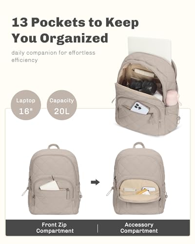 Hynes Eagle Travel Laptop Backpack Quilted College Backpack for Women Puffer Casual Daypack Personal Item Bag for 16 Inch Light Camel - color: Light Camel