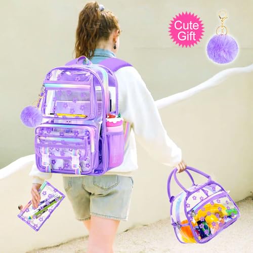 KLFVB See Through Backpack Heavy Duty, 3PCS Girls Clear School Bag Set, Cute Transparent Bookbag for Women - Plum Blossom Purple - color: Plum Blossom Purple Clear Backpack