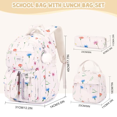 ACESAK Backpack for Girls - Girls Backpack with Lunch Bag & Pencil Pouch for Teen Kids Laptop Backpack for Women, Elementary Middle High School Bookbag Travel Daypack (Beige Flower) - color: Beige Flower