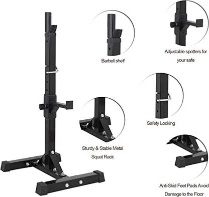 Adjustable Squat Rack Stand Barbell Bench Press Stands Rack Push Up 40"-66" Multi-Functional Sturdy Steel for Home Gym Max Load 550 lbs Portable Dumbbell Racks Stands, Black