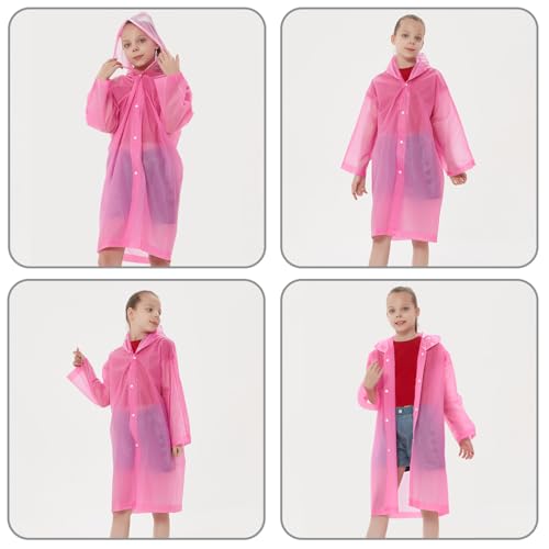 Rain Ponchos Raincoats for Kids, Reusable Boys Girls Rain Jackets Emergency with Hood for Family Disney Travel Outdoor - color: B-rose Red