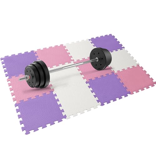 Easy Playhouse: 12 Soft Foam Floor Puzzle Tiles - Pink-Purple-White - 12" Interlocking Mat Pieces (4'x3'), Nursery, Playroom, Gym, Children & Adults