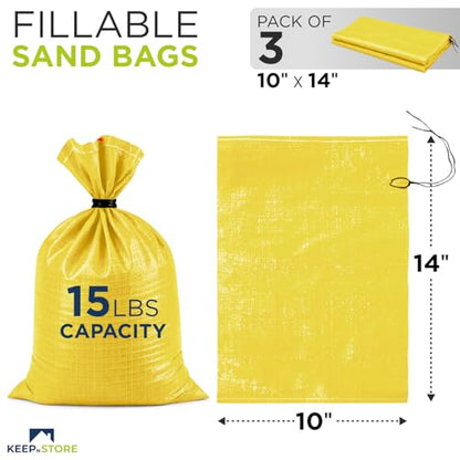Heavy Duty Sand Bags Pack of 3, Bright Yellow Empty Sandbags with Built-In Ties, Woven Polypropylene UV Protection 1600 Hours, Fillable Bags for Flood Control, Weight, 10x14 inches, 15 Pounds Volume - size: 10"W x 14"L, style: Pack of 3