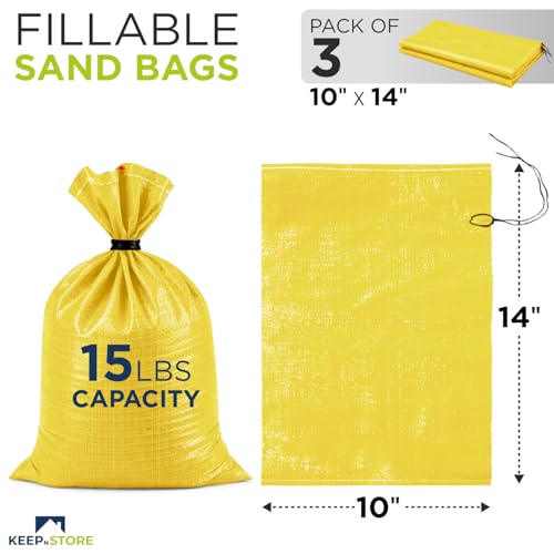 Heavy Duty Sand Bags Pack of 3, Bright Yellow Empty Sandbags with Built-In Ties, Woven Polypropylene UV Protection 1600 Hours, Fillable Bags for Flood Control, Weight, 10x14 inches, 15 Pounds Volume - size: 10"W x 14"L, style: Pack of 3