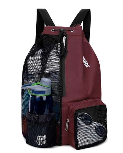 WANDF Swim Bag Mesh Drawstring Backpack with Wet Pocket for Swimming, Gym, and Workout Gear - color: Red, size: Large