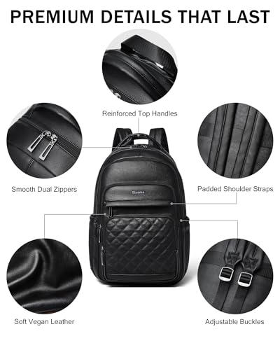 Bluome Work Backpack for Women Men, Laptop Vegan Leather Backpack Purse with 15.6–17 Inch Laptop, Multi-Pocket Bookbag for Office Travel Gym Weekend Overnight Bag, Black - color: Black