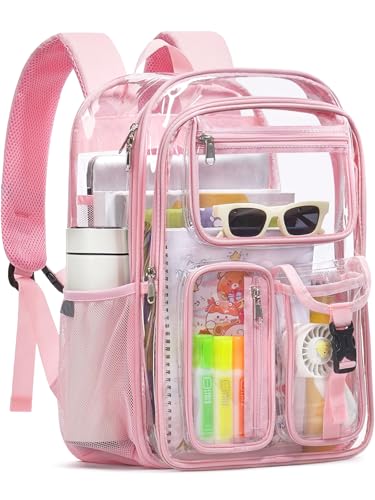 Double-Layer Clear Backpack Heavy Duty, 17 Inch Large Clear Bookbag, Transparent See Through Backpack For School, Work, College, Travel, Sport- Pink - color: 1# Pink, style: Pro Series (Double Layer)