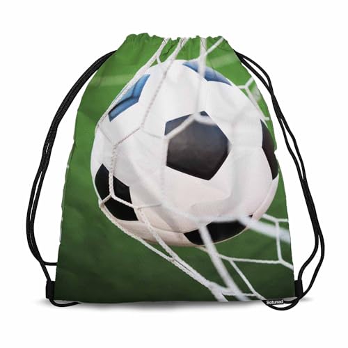 Drawstring Backpack Bag Soccer Football Ball In Goal Net with Green Grass Field Lightweight Backpack Soccer Ball Bag Sutiable for Sports Beach Short Travel 14x16.9 Inch - color: Soccer