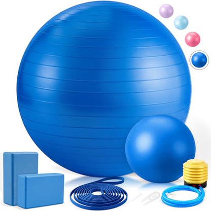 Pilates Set with 2 Yoga Exercise Balls (25.6”&9.8”), Yoga Block, Stretch Strap & Foot Pump, Stability Fitness Ball Kit for Home Gym Equipment Workout Pregnancy Physical Therapy - color: Dark Blue