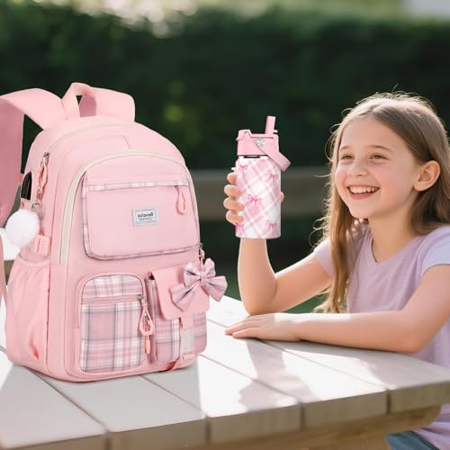Bevalsa Backpack for Girls, Bow Plaid Bookpack with 14oz Insulated Water Bottle, Lunch Bag & Pen Case, Schoolbag for Kids & BPA-FREE Stainless Steel Metal Cup for Elementary Middle Student (Pink) - color: Pink Plaid