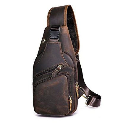 Le'aokuu Men Fashion Casual Tea Designer Travel Hiking Crossbody Chest Sling Bag Rig One Shoulder Strap Bag Men Leather 8015 | Fashion - color: Brown