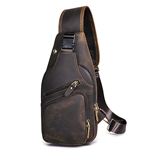 Le'aokuu Men Fashion Casual Tea Designer Travel Hiking Crossbody Chest Sling Bag Rig One Shoulder Strap Bag Men Leather 8015 | Fashion - color: Brown