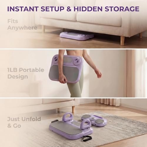 Foldable Pilates Reformer Board for Beginners, Pilates Workout Kit w/ Resistance Bands, Purple Sliders for Core, Balance & Push-Up Training, Mini Home Friendly Pilates Equipment Set