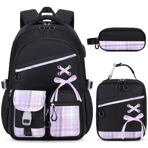 DIGOBAY Backpacks for Girls - 3PCS Girls Backpack with Lunch Box & Pencil Pouch Plaid School Backpacks for Elementary Middle High College School Bookbag for Teen Girl Kids Students Blackpurple - color: Blackpurple