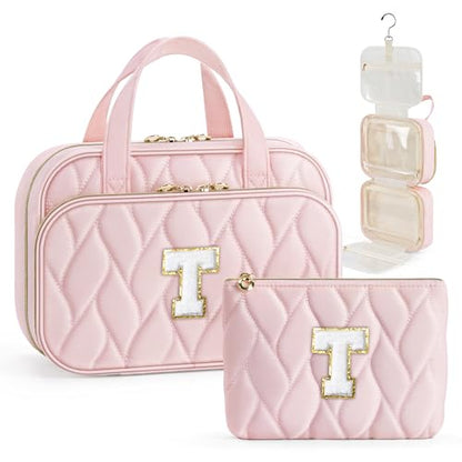 YOOLIFE Hanging Toiletry Bag for Women - Travel Toiletry Bag Makeup Bag, Portable Toiletries Cosmetic Bag, Airplane Travel Essentials - Letter T, Pink - color: Pink, style: T